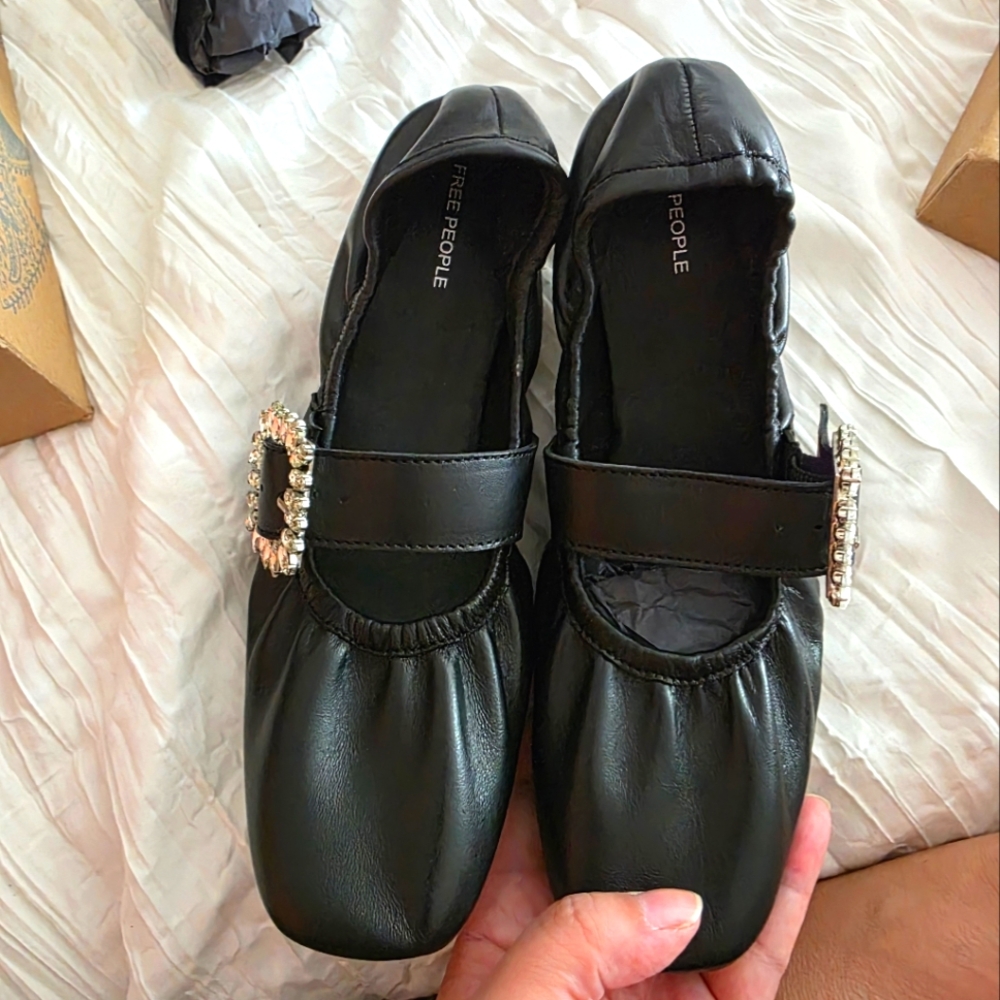 Free People Blk Leather Ursa Gemini Ballet Flats with Rhinestone Buckle Sz. 7.5